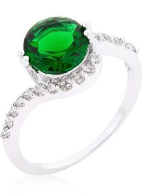 Emerald Green Solitaire Halo Ring with Pavé Accent